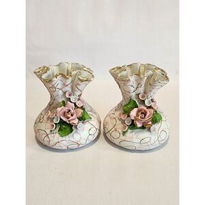 Vintage Lefton China Hand Painted Rose Bud Vases Set 2 Pink Gold 1959 Spaghetti